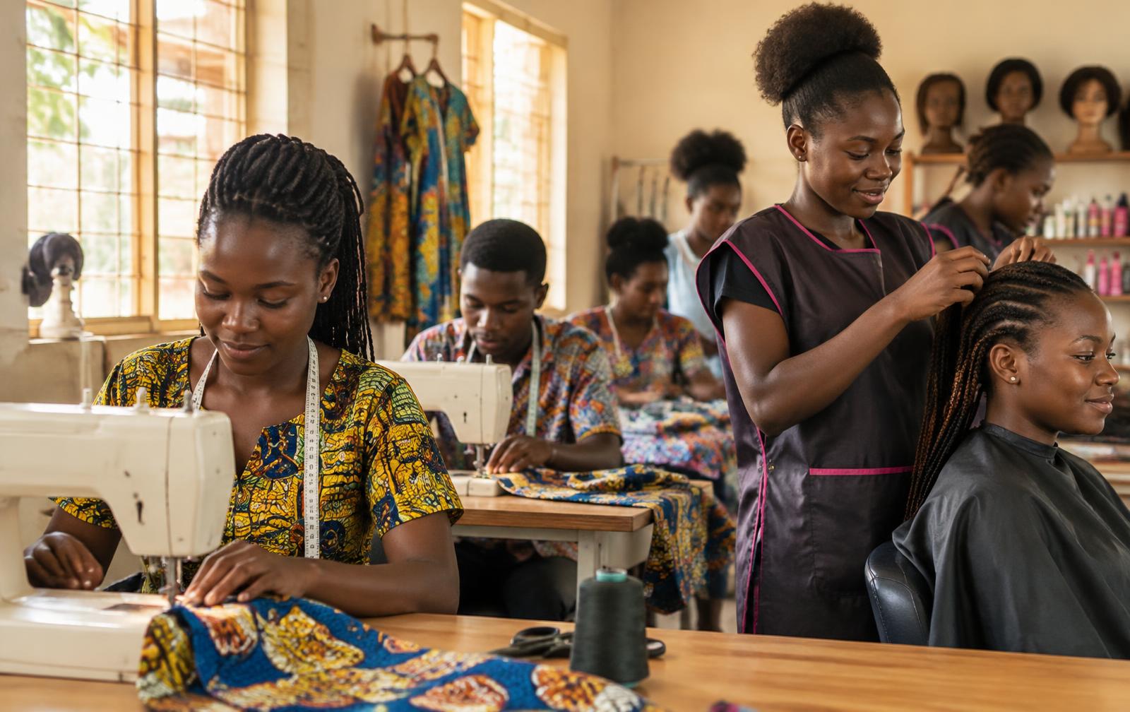Jeunes en apprentissage dans un atelier de couture et de coiffure