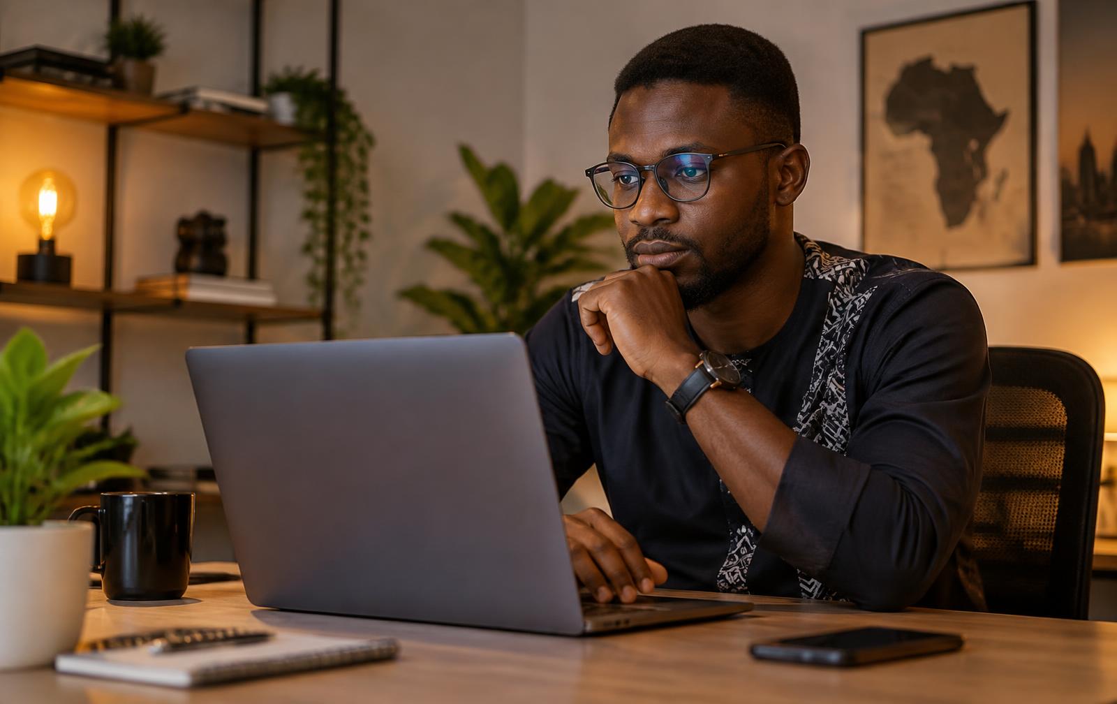 Jeune entrepreneur togolais travaillant sur son ordinateur portable